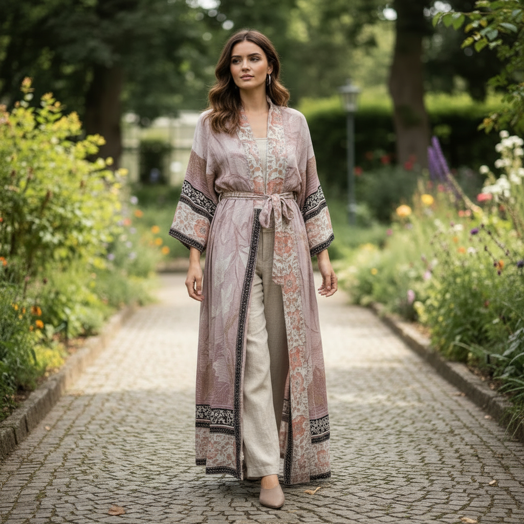 Kimono | Afslappet Pasform, Lange Ærmer, Subtilt Blomsterprint - 1